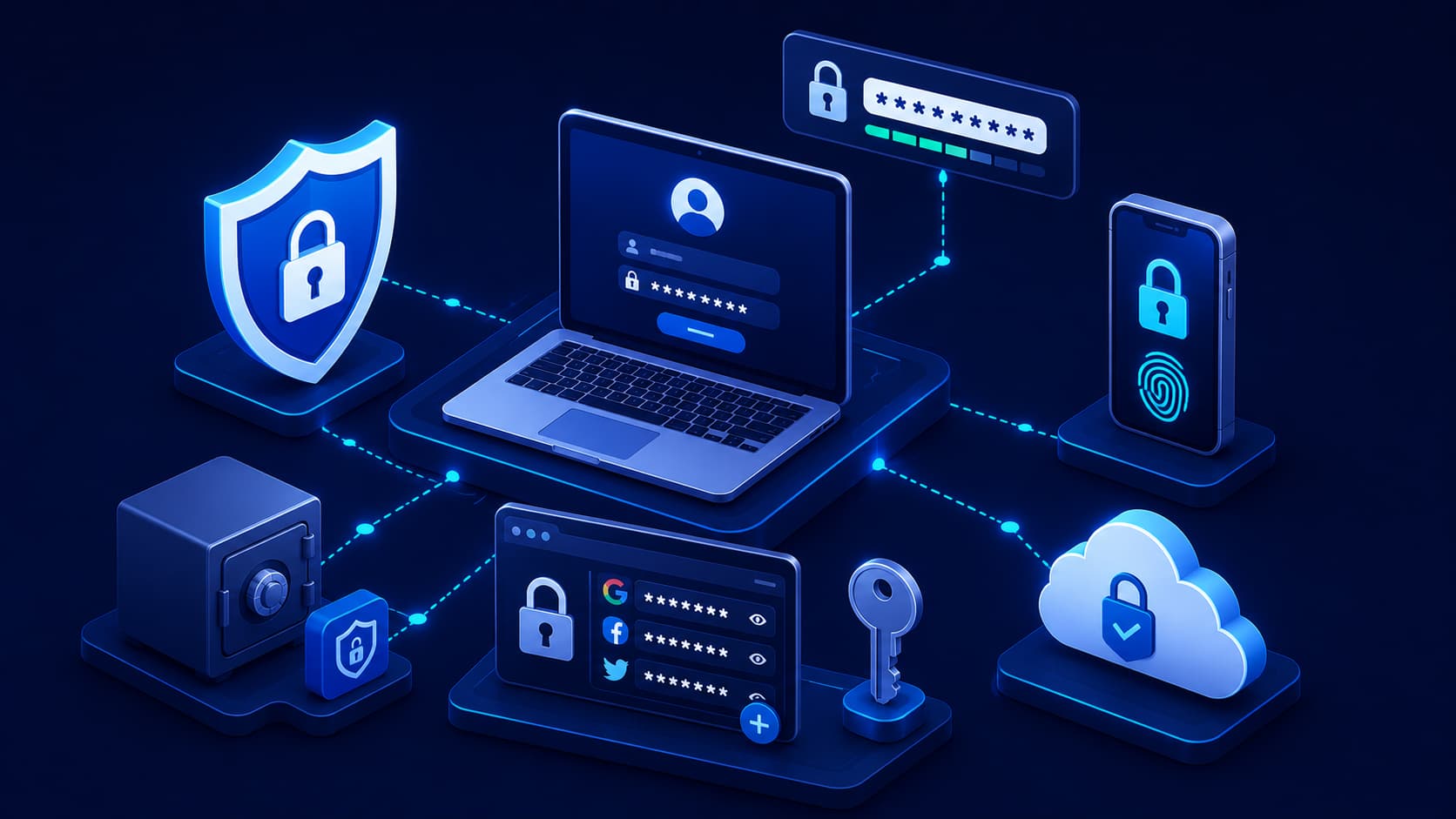 Illustration showing strong password protection for online accounts.