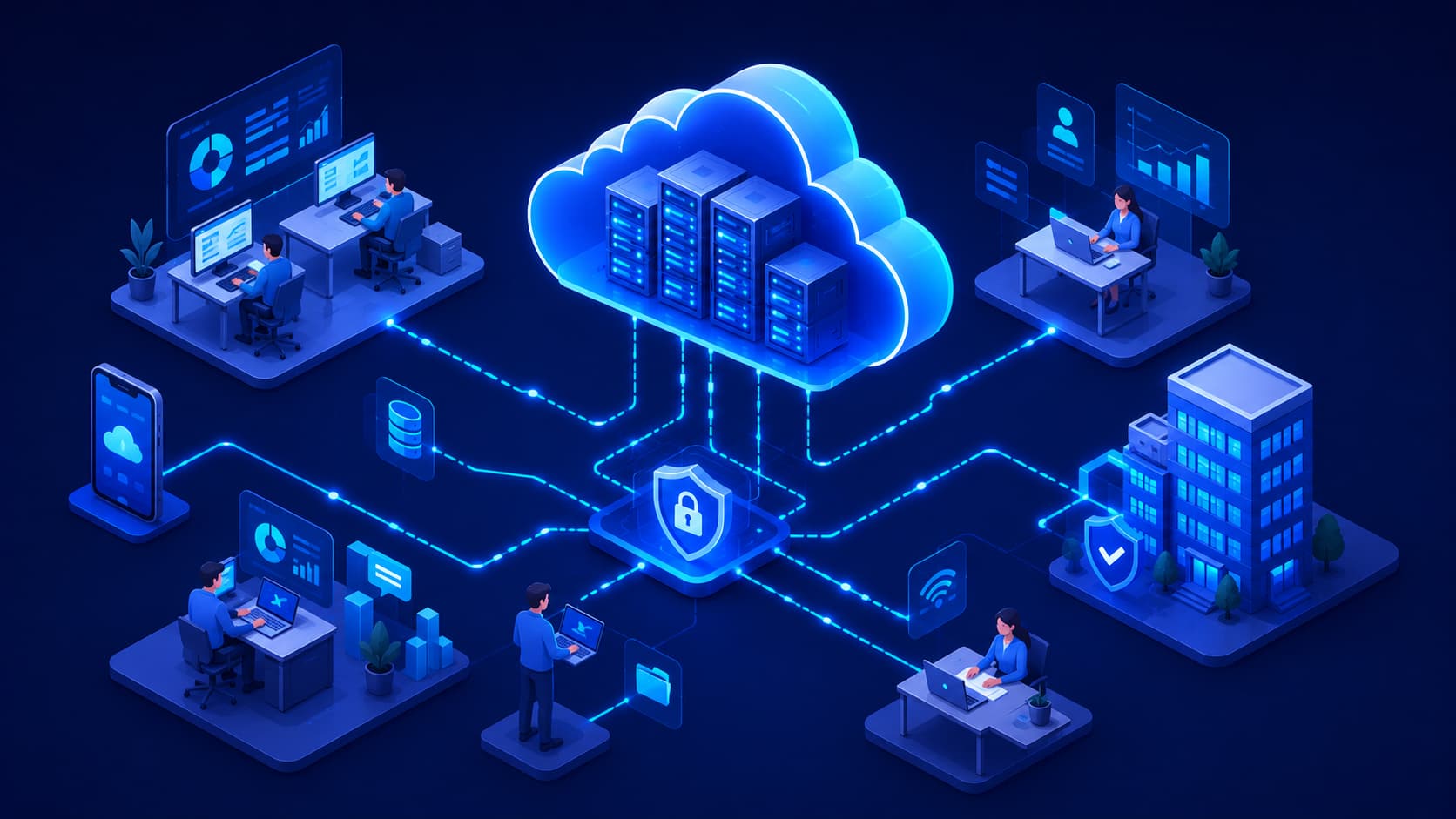 Illustration showing businesses benefiting from cloud computing services.