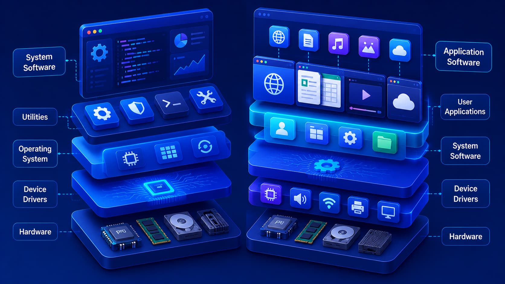 Illustration comparing system software and application software in a modern computer.