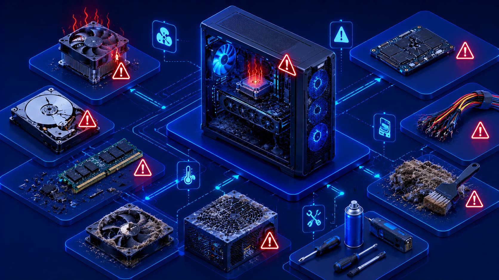 Illustration showing common computer hardware issues and preventive maintenance.