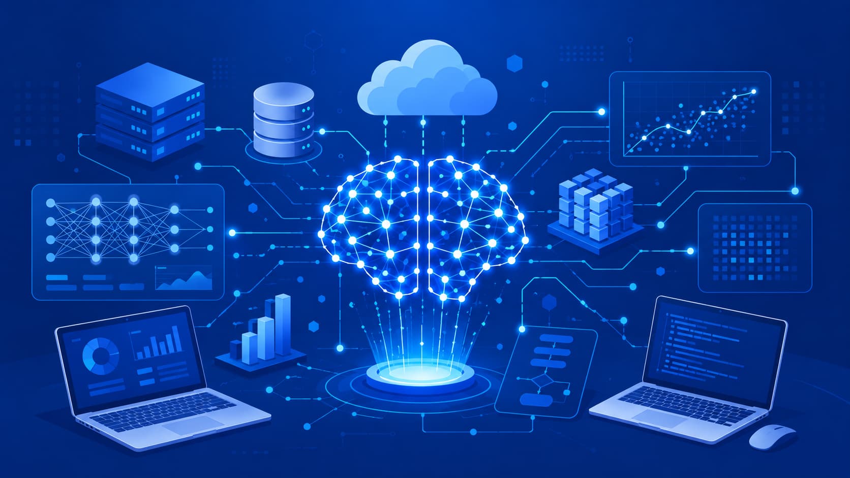 Illustration showing how machine learning analyzes data to make predictions.