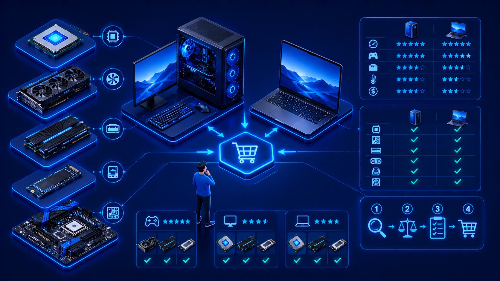 Illustration showing how to choose the right computer hardware for different computing needs.