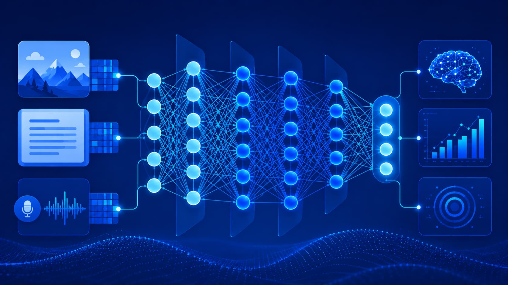 Illustration showing layered neural networks used in deep learning.