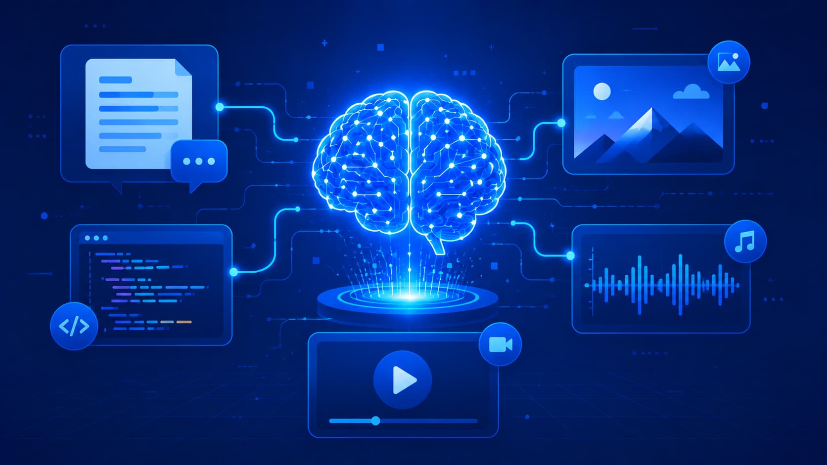 Illustration showing Generative AI creating different types of digital content.