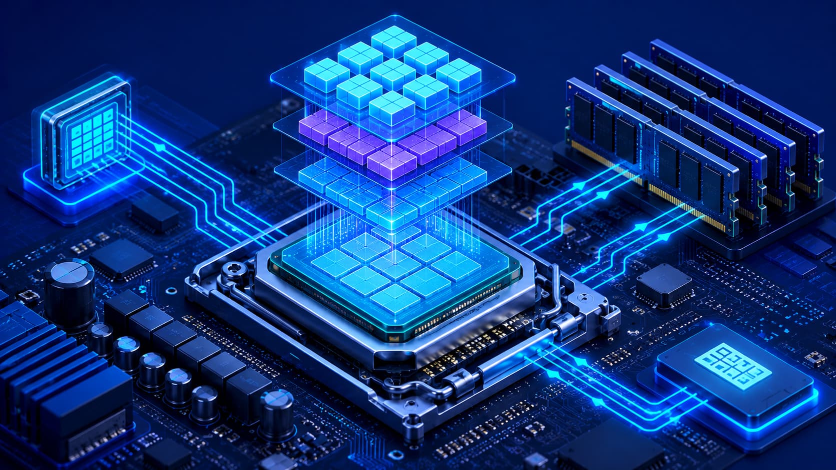 Illustration showing a computer CPU installed on a motherboard.