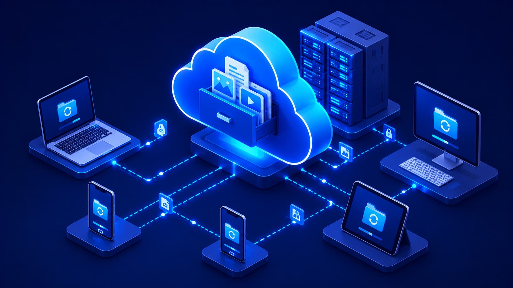 Illustration showing cloud storage synchronizing files across multiple devices.