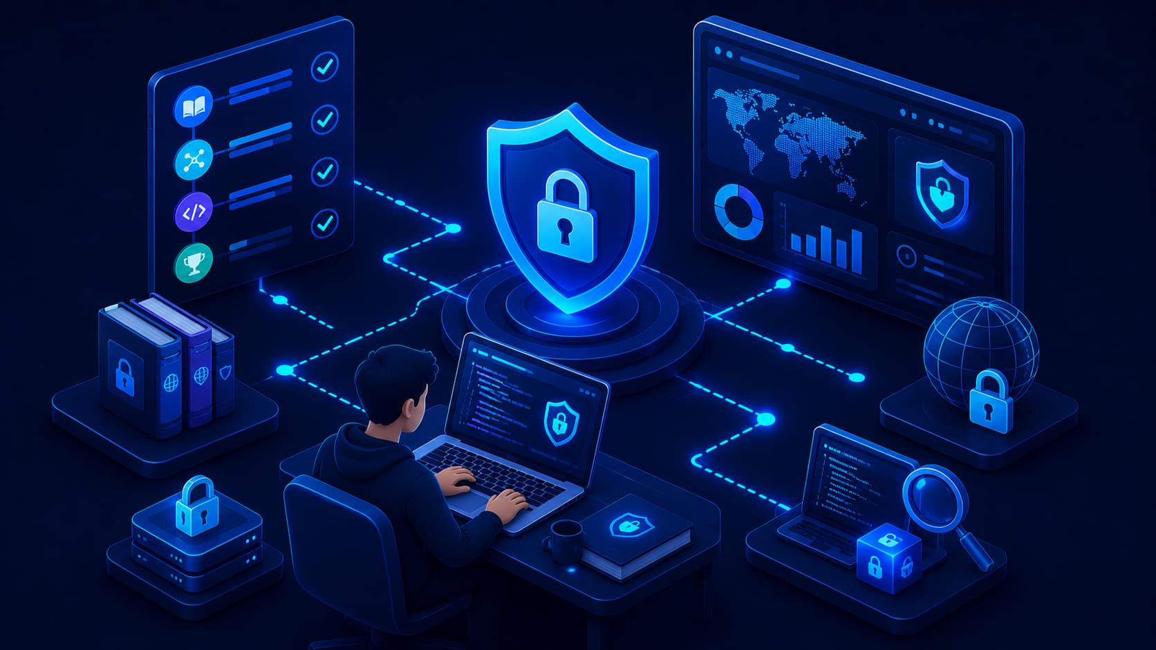 Illustration showing a beginner learning cybersecurity through a structured roadmap.