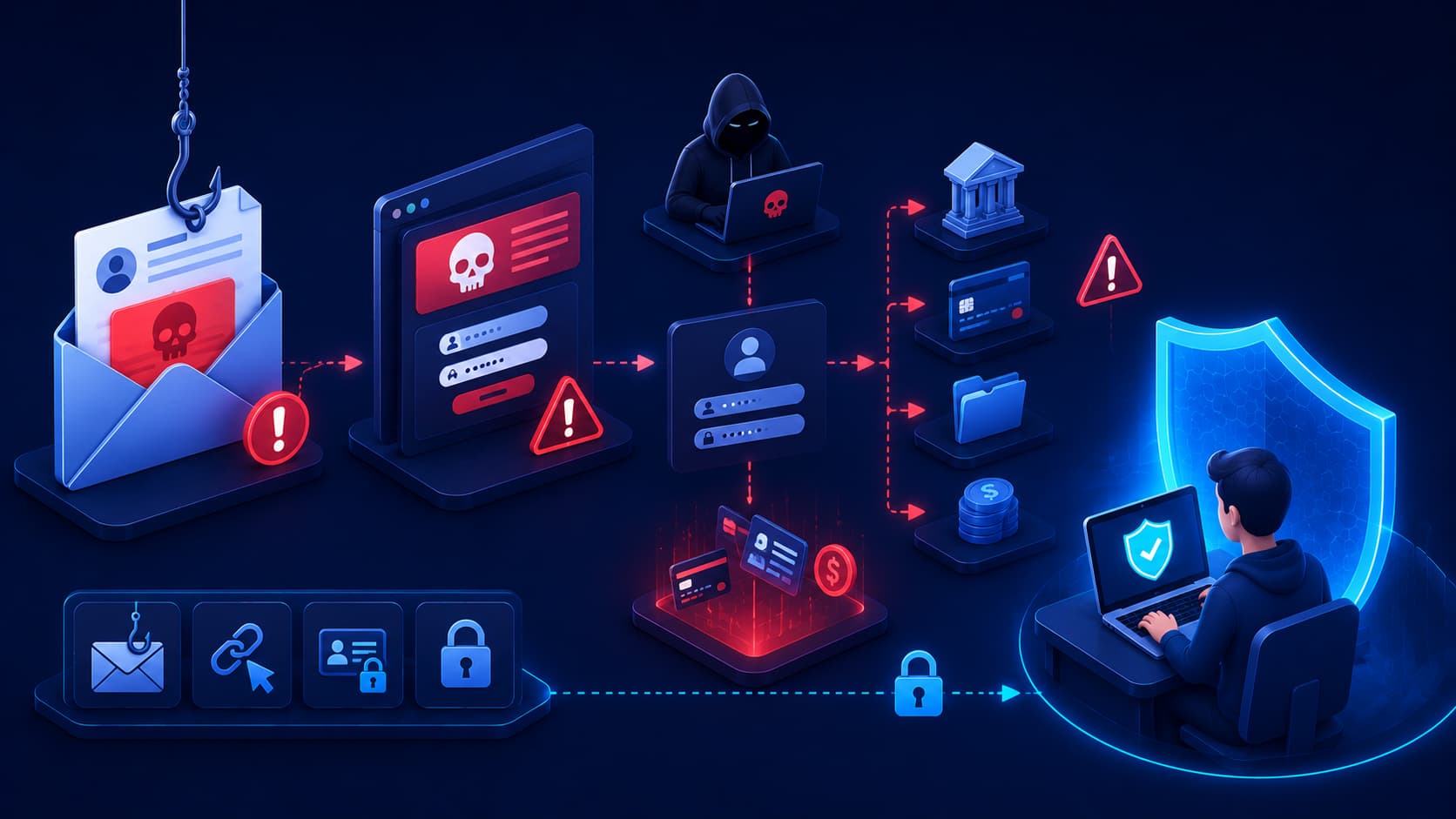 Illustration showing a phishing attack attempting to steal login credentials through fake emails and websites.
