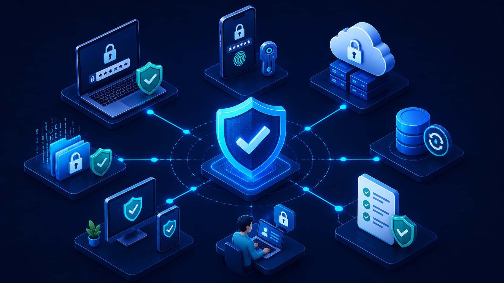 Illustration showing cybersecurity best practices protecting personal and business data.