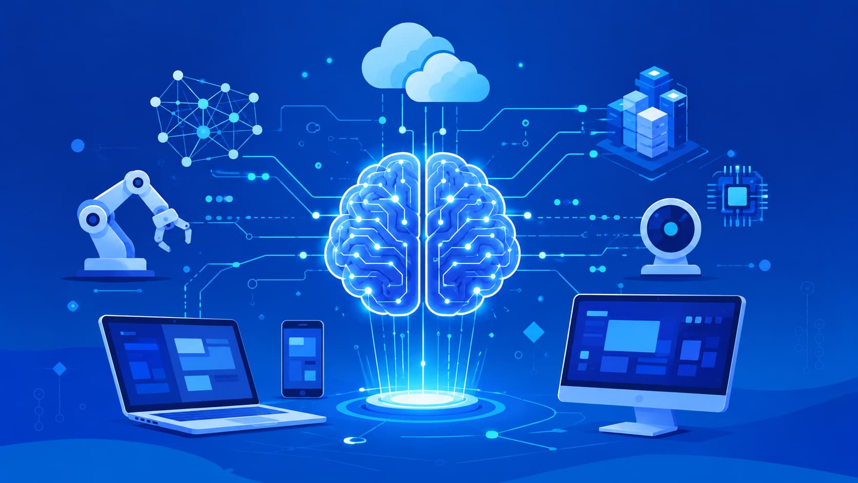 Illustration showing the concept of artificial intelligence connecting digital technologies.