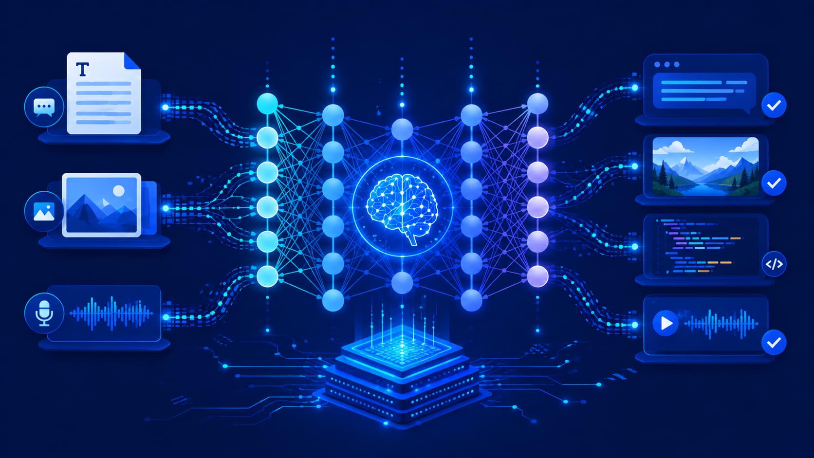Illustration of an artificial neural network processing digital information.
