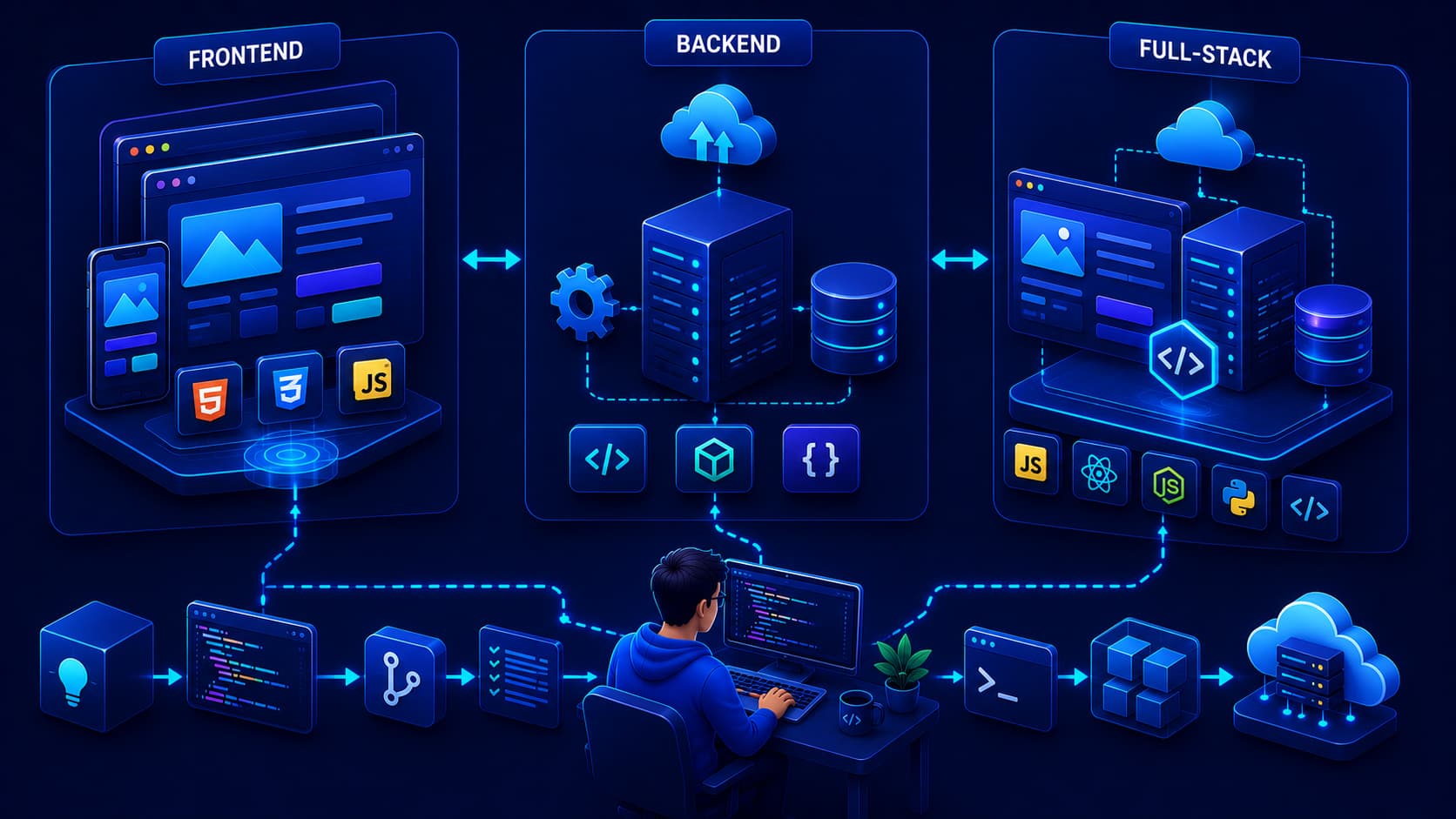 Illustration comparing frontend, backend, and full-stack development in a modern web application.
