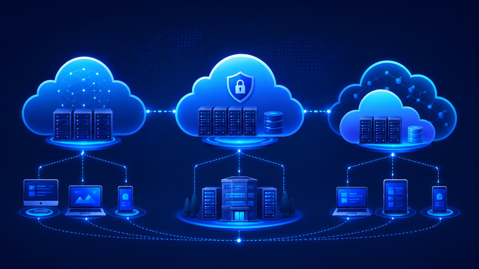 Illustration comparing public cloud, private cloud, and hybrid cloud environments.