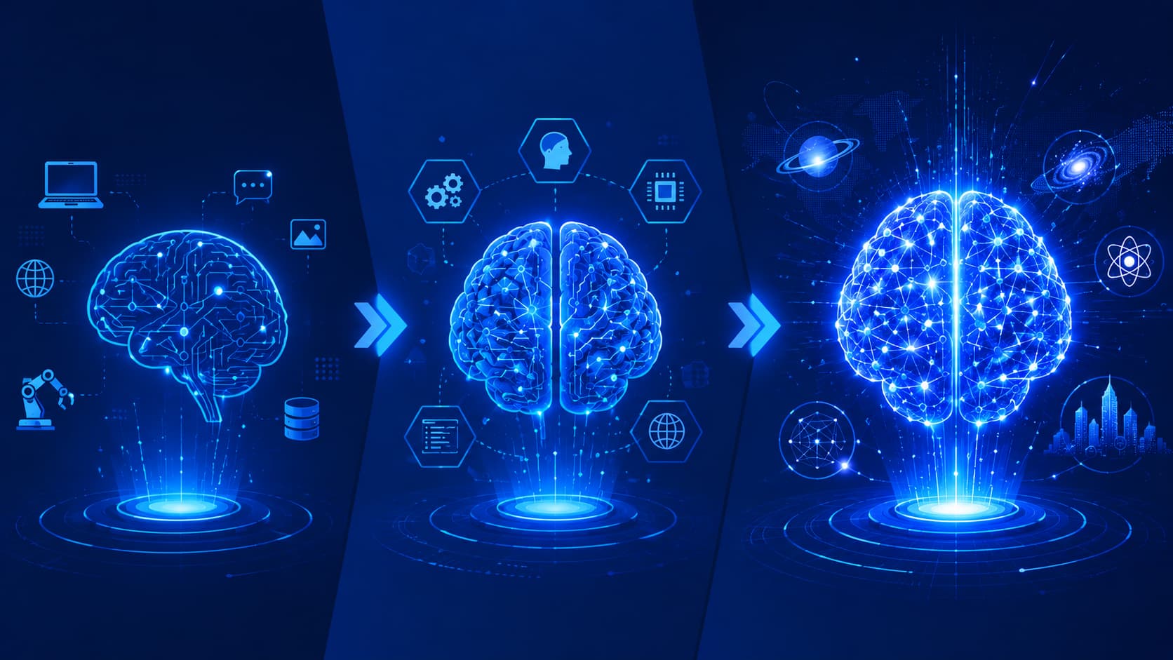 Illustration comparing Narrow AI, General AI, and Superintelligent AI.