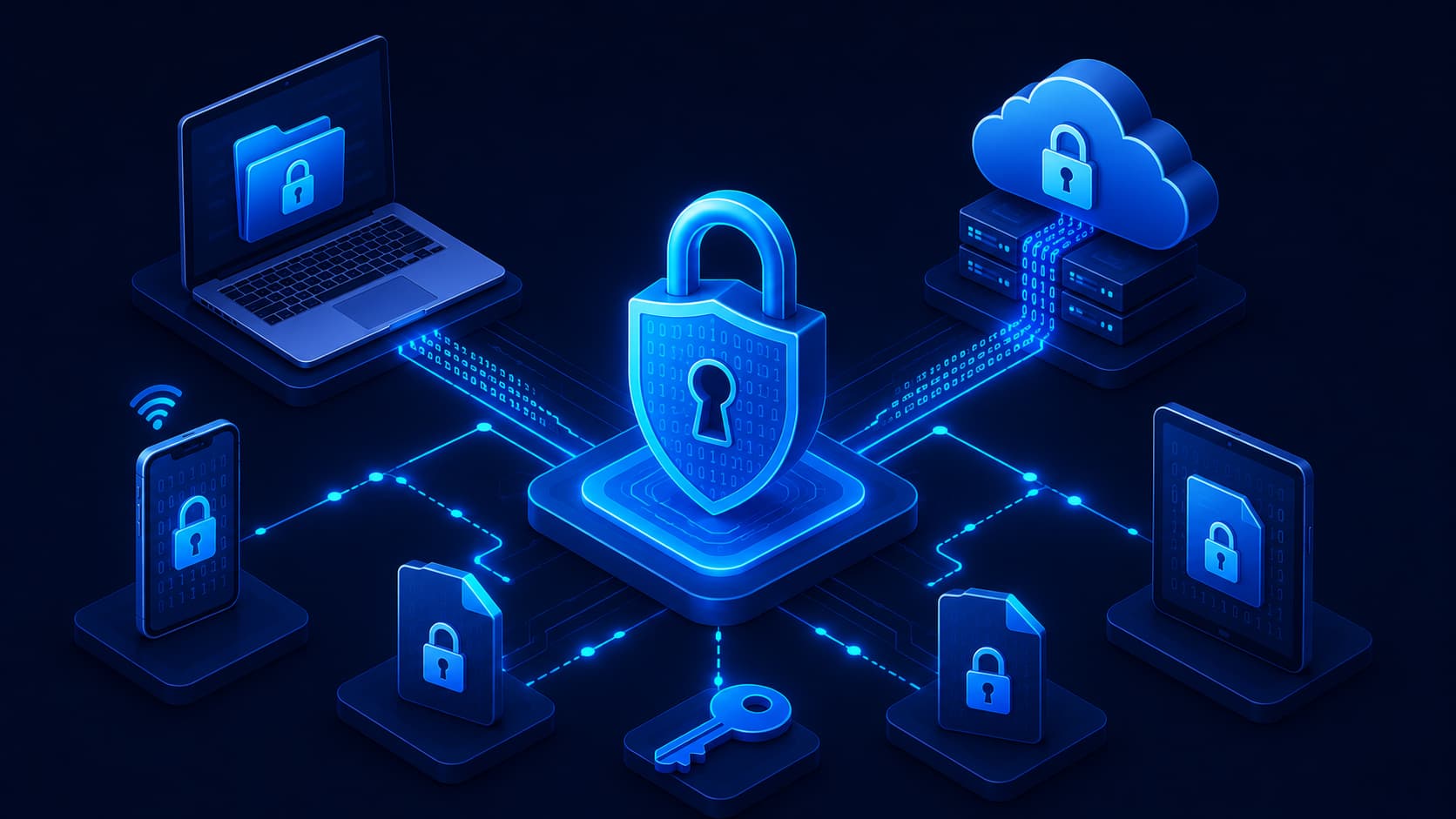 Illustration showing encrypted digital data protected by modern cybersecurity technologies.