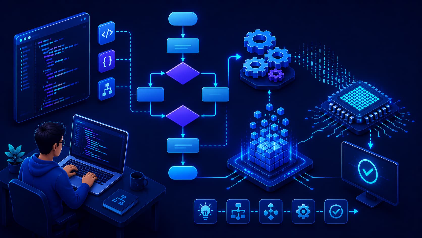 Illustration showing an algorithm solving a problem through logical step-by-step instructions.