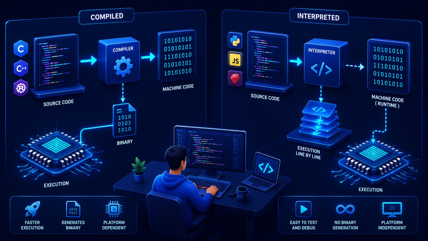 Illustration comparing compiled and interpreted programming languages.