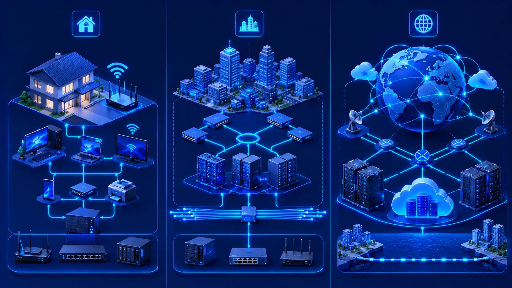 Illustration comparing LAN, MAN, and WAN computer networks.