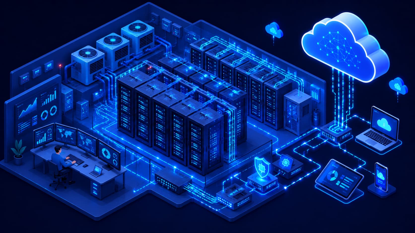 Illustration of a modern data center with server racks and cloud infrastructure.